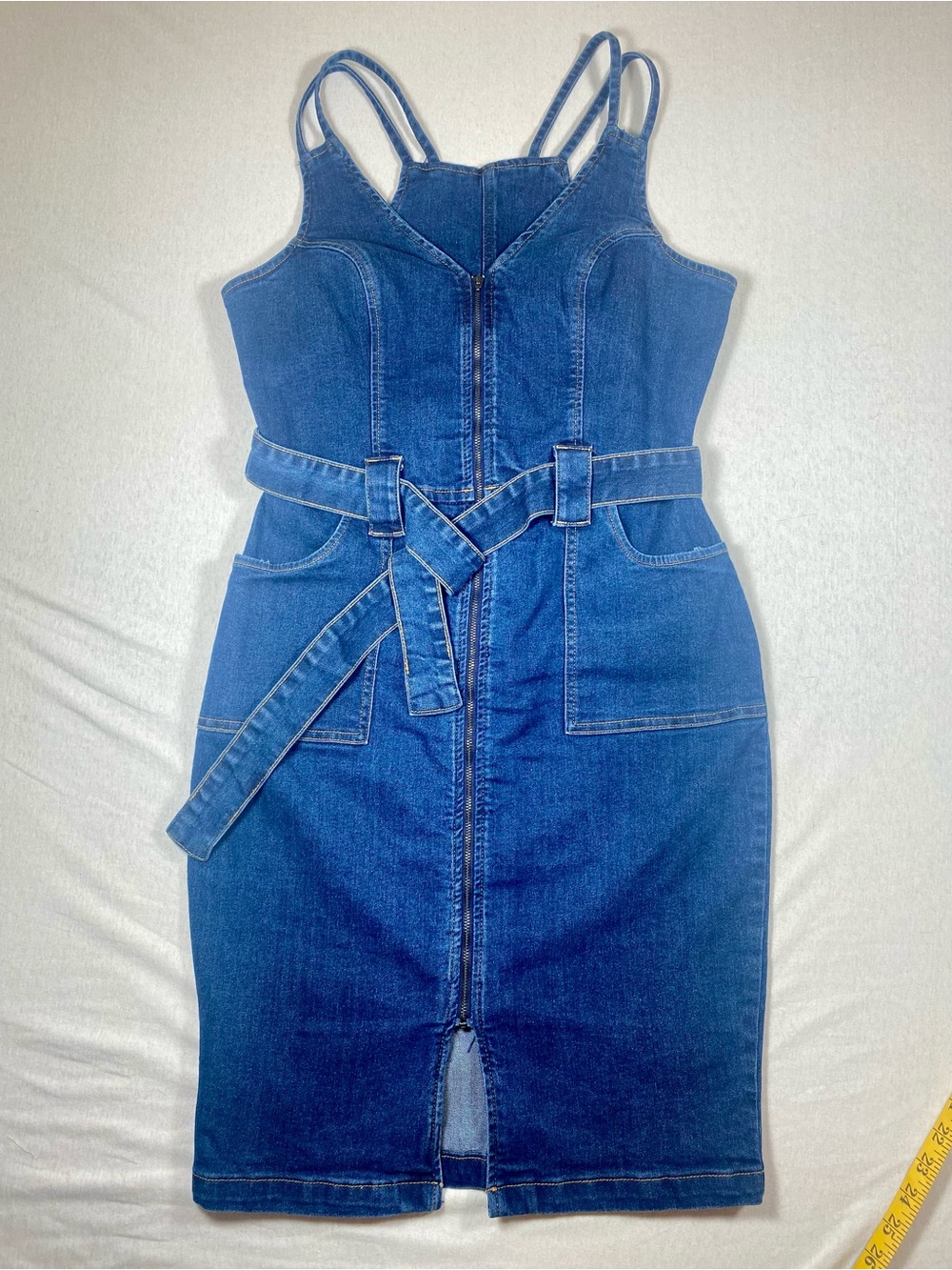 VENUS Women’s 10 Blue Denim Dress Sheath V-Neck Zip Front Belted Pockets
